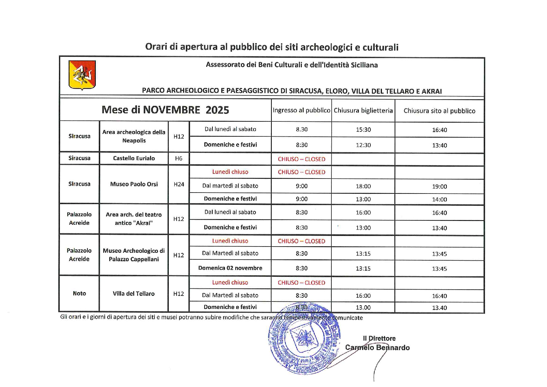 ORARI MESE DI NOVEMBRE